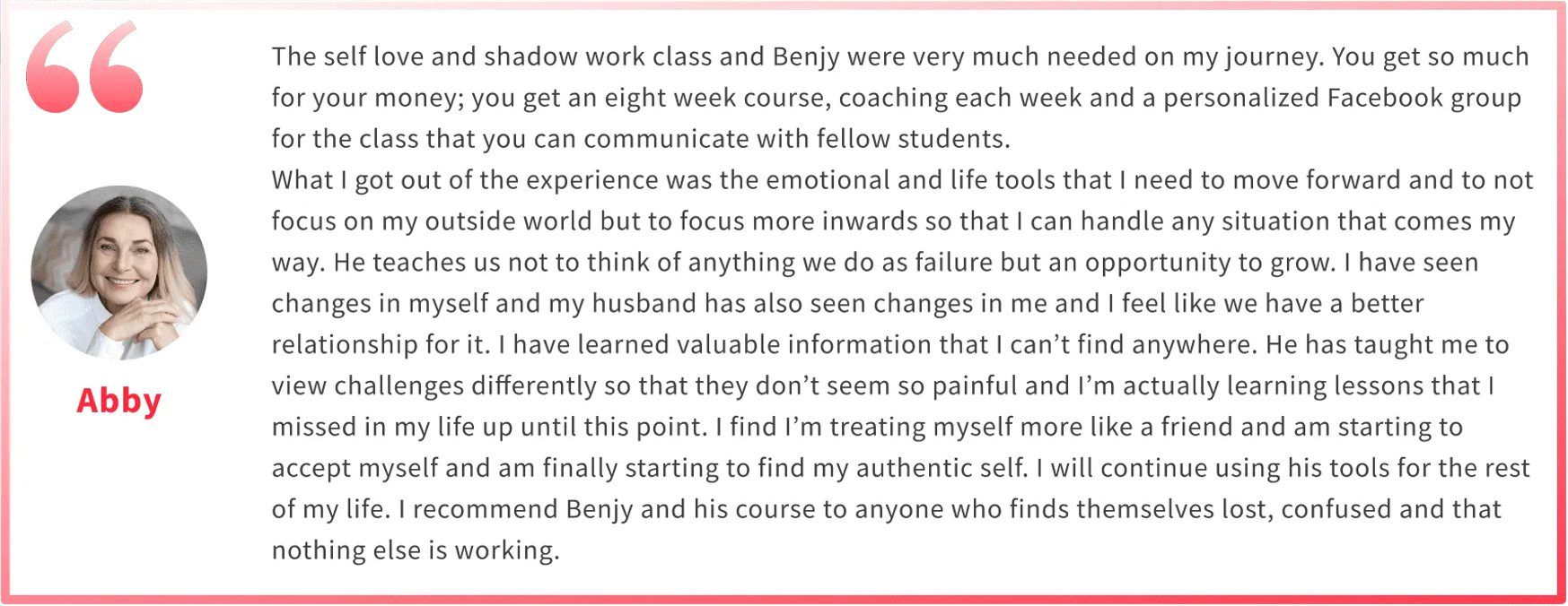 Abby Abby testimonial for Benjy Shere Emotional Fitness and anxiety coach