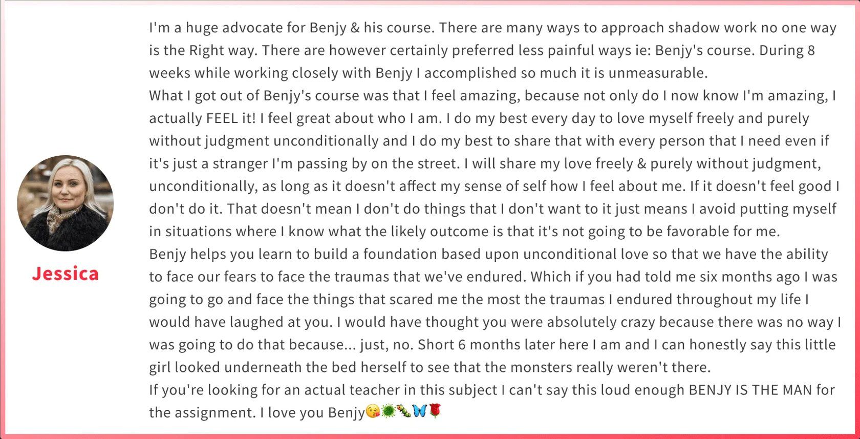 Jessica Jessica testimonial for Benjy Shere Emotional Fitness and anxiety coach