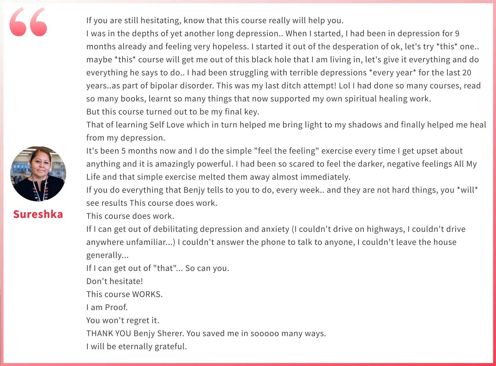 Surehka Surehka testimonial for Benjy Shere Emotional Fitness and anxiety coach