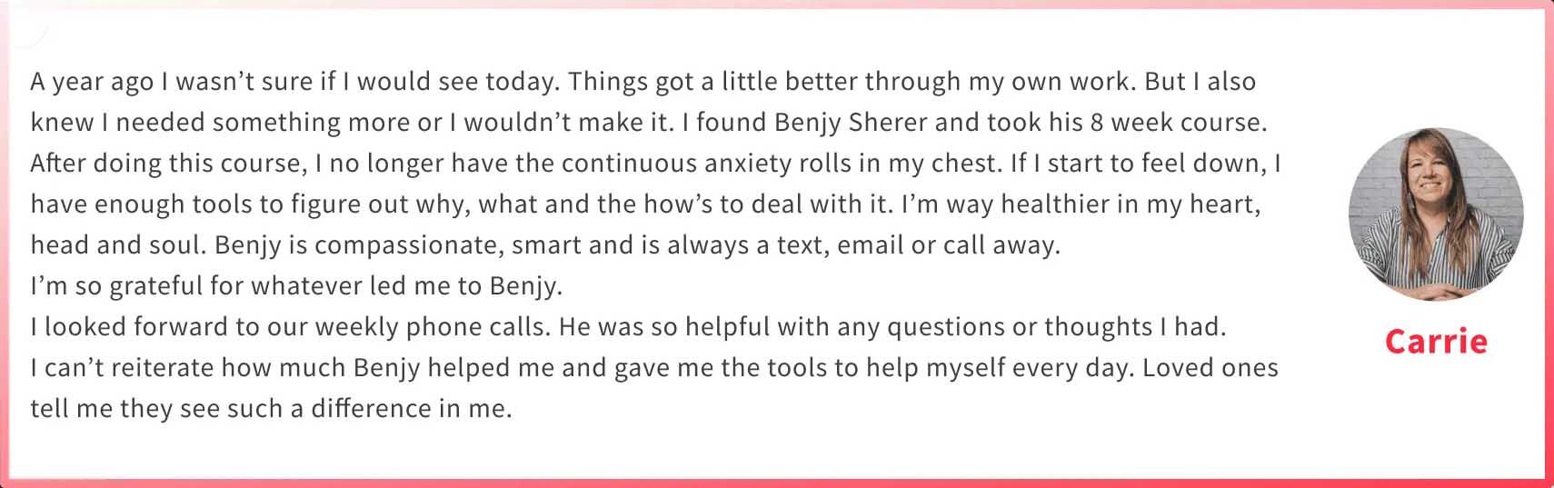 carrie Benjy Sherer Coaching - Emotional Fitness and Anxiety Coach Testimonial Screenshot