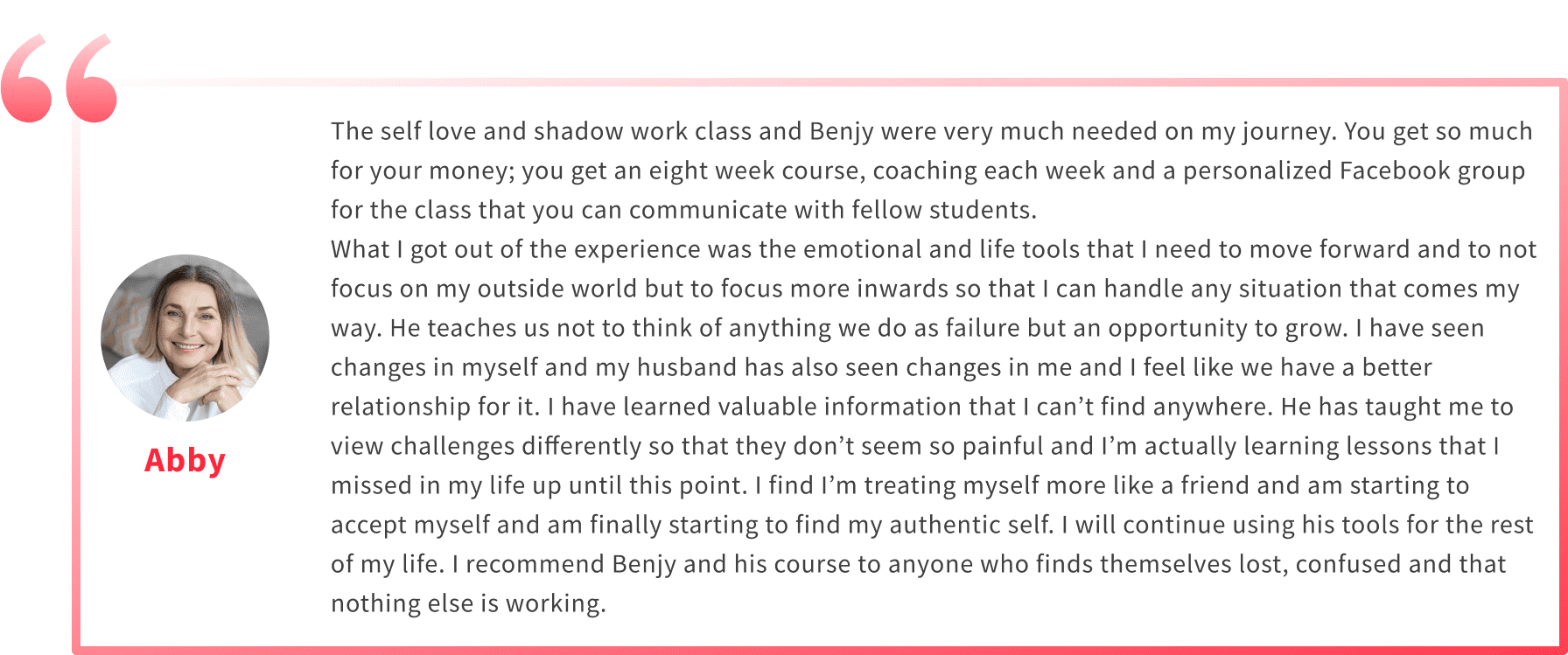 Client testimonial describing long-term anxiety relief through Benjy Sherer’s Emotional Fitness Training.