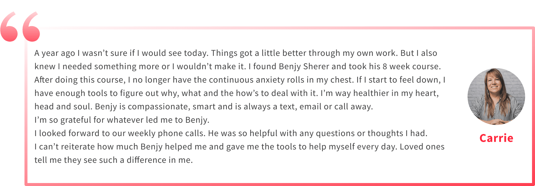 Review from a client praising Benjy Sherer’s Guaranteed Anxiety Relief Program for life-changing results.