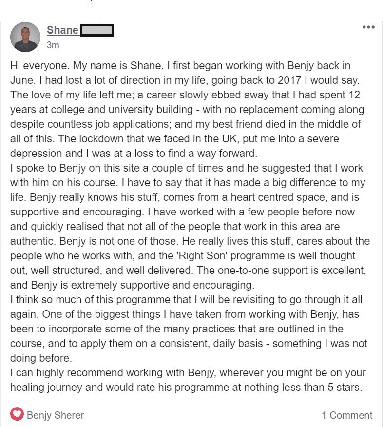 Client review sharing how Benjy Sherer's coaching brought peace and emotional resilience.