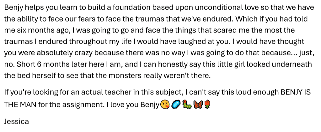 Review from a client praising Benjy Sherer’s program for reducing anxiety and boosting confidence.