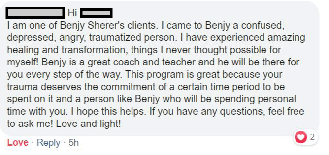 Client testimonial sharing how Benjy Sherer’s coaching reduced anxiety and improved sleep.