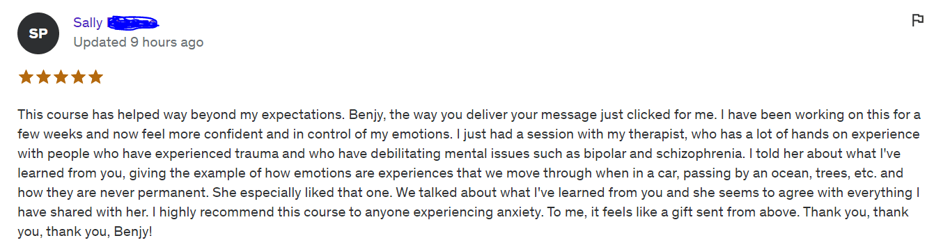 Client testimonial sharing how hew therapist approves of Benjy Sherer's approach to anxiety relief.