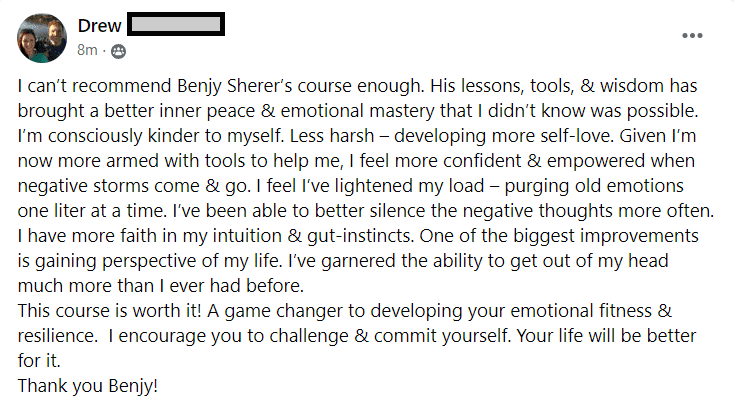 Client review sharing how Benjy Sherer's program helped reduce long-term anxiety and panic attacks.