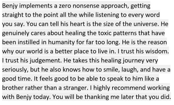 Client review of how Benjy Sherer’s program brought lasting relief from stress and anxiety.