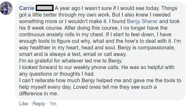 Testimonial sharing how Benjy Sherer's program helped manage anxiety in high-pressure situations.