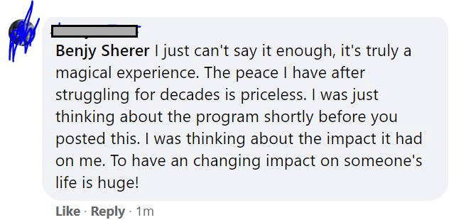 Testimonial saying how Benjy Sherer's program provided a long-term anxiety cure & PTSD relief .