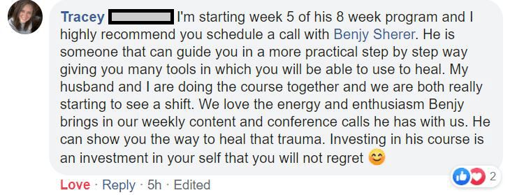 Review describing how Benjy Sherer’s training helped reduce stress, fear, trauma & anxiety levels.